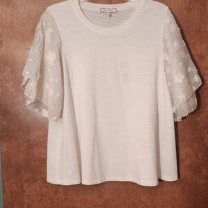 Anthropologie Eri and Ali Romantic White Flutter Lace Sleeve w/flowers -SZL